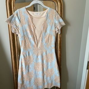 Storia Lace Overlay Dress in Blue and Cream